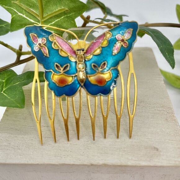 Vintage Enamel Butterfly Floral Hair Comb Gold Blue - Picture 1 of 11